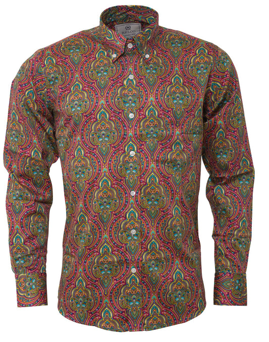 Relco Platinum Multi Paisley Cotton Long Sleeved Retro Mod Button Down Shirt