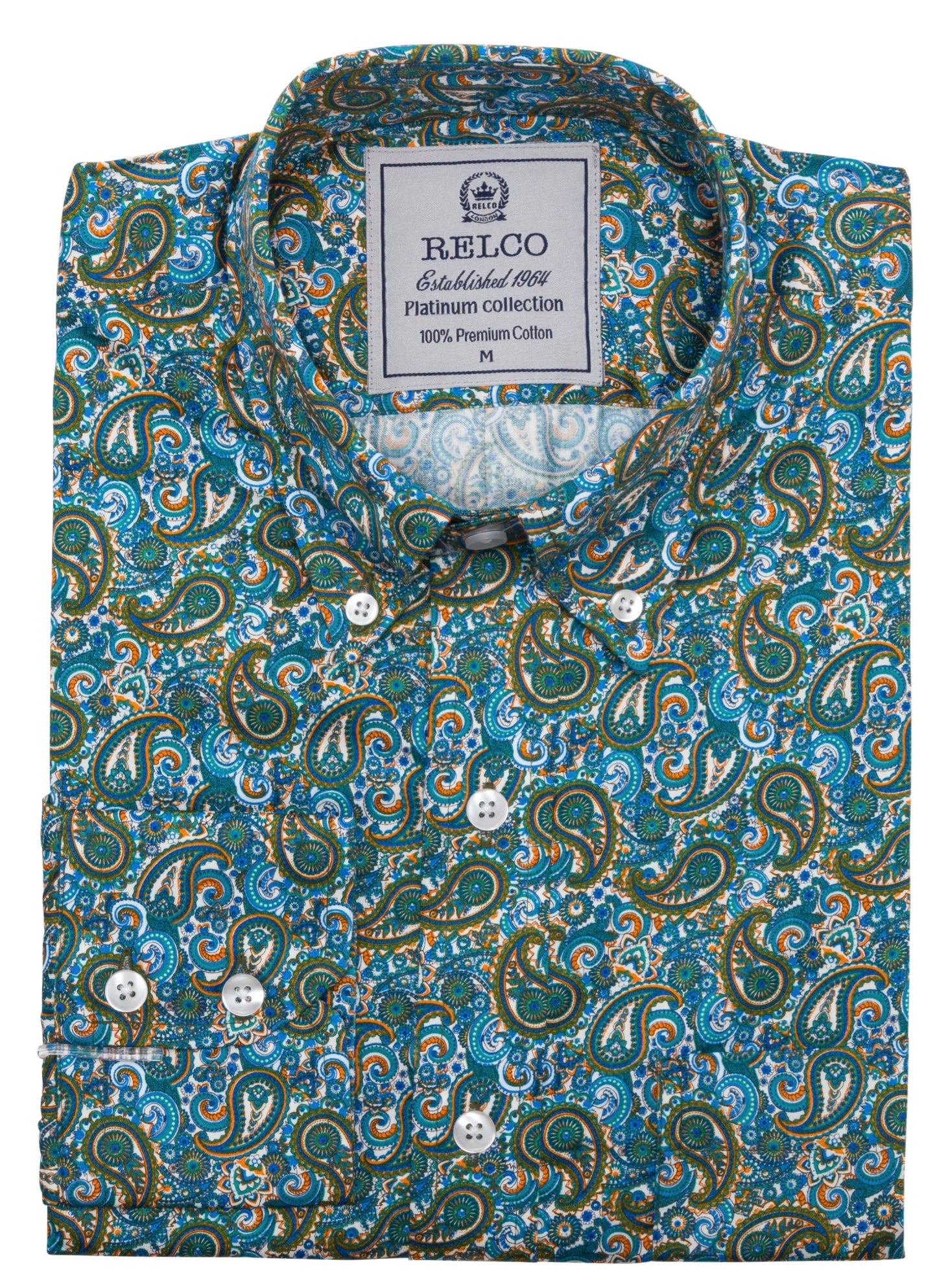 قميص رجالي Relco بلاتينيوم من القطن البيزلي باللون الأزرق بأكمام طويلة