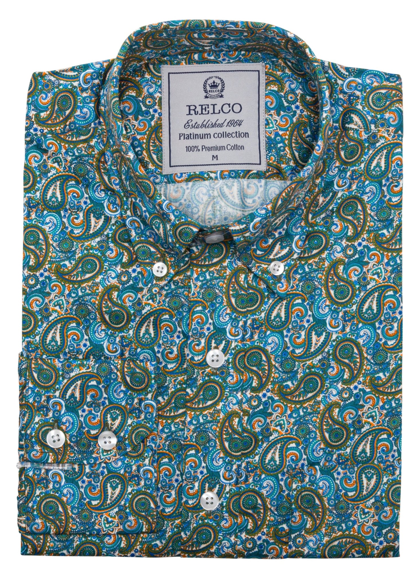 Relco platinum camisa de manga larga de algodón paisley azul para hombre