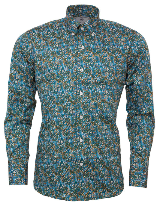 Camicia a maniche lunghe in cotone paisley blu da uomo Relco Platinum