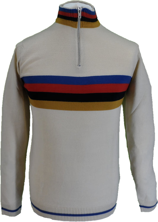 Run & Fly Mens Beige Retro Stripe Knitted Cycling Top