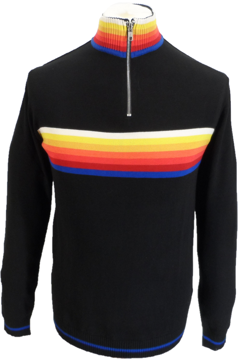 Run & Fly Mens Black Retro Multi Stripe Knitted Cycling Top