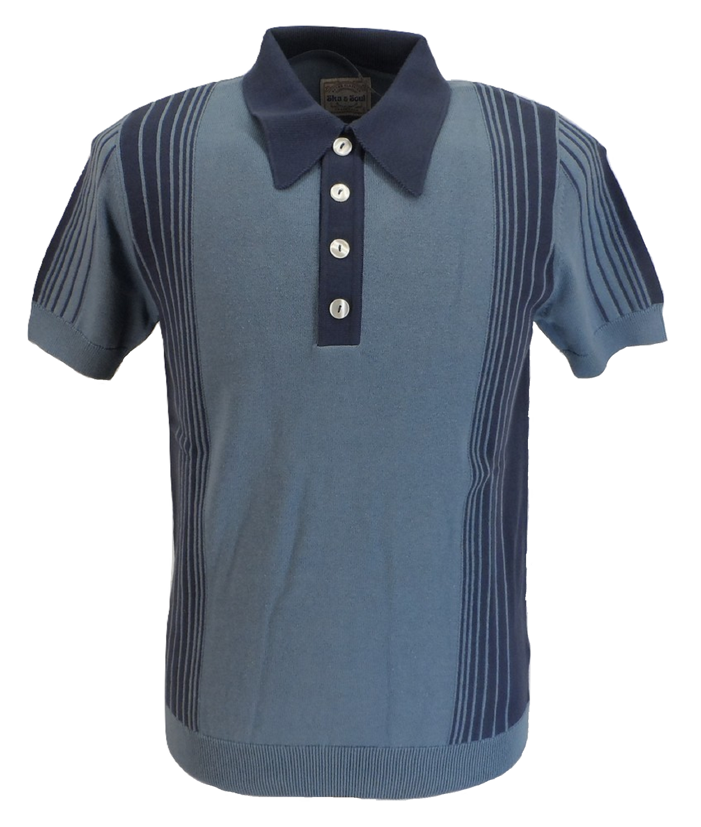 Ska & Soul Mens Blue Retro Striped Knitted Polo Shirts