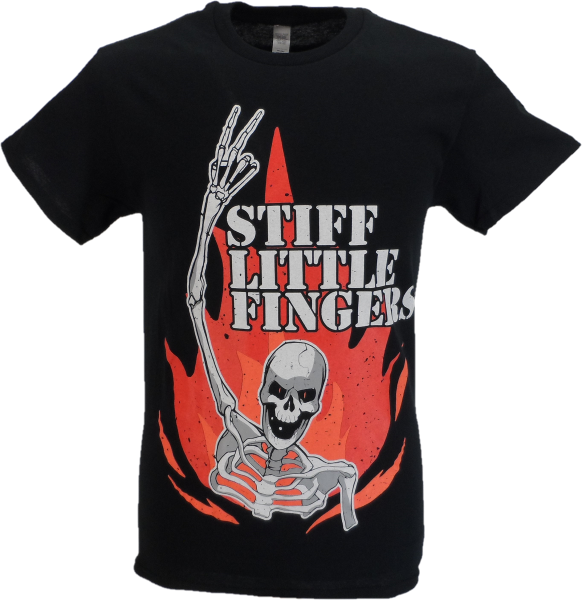 Mens Black Official Stiff Little Fingers Skeleton Flame T Shirt