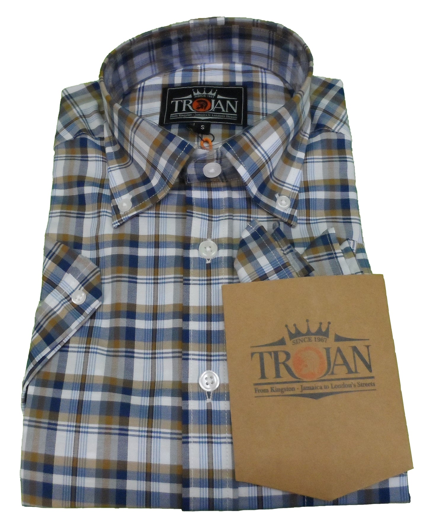 Trojan Mens Retro Golden Tan Check 100% Cotton Short Sleeved Shirts