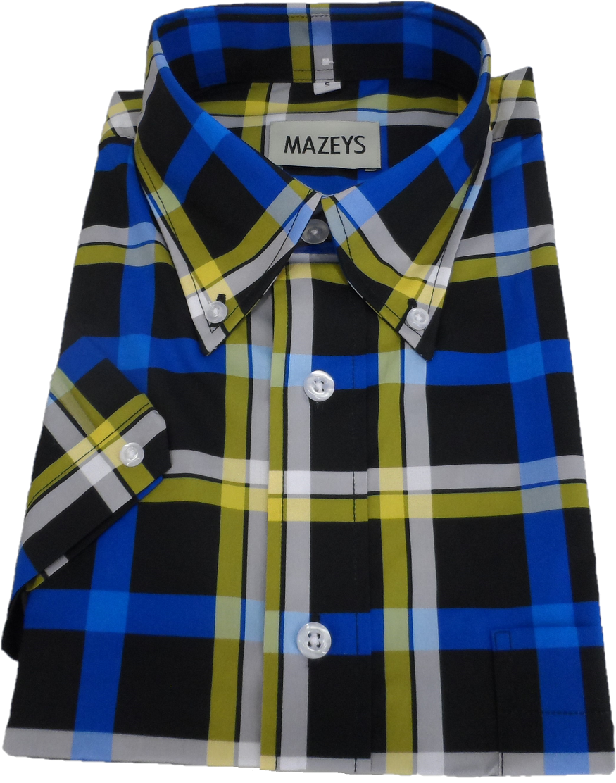 Mazeys Mens Black/Yellow Multi Checked 100% Cotton Short Sleeved Shirts