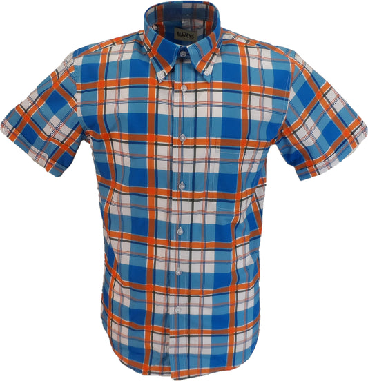 Camicie Da Uomo A Maniche Corte In Cotone 100% A Quadri Multicolori Blu/Arancione/Bianco Mazeys