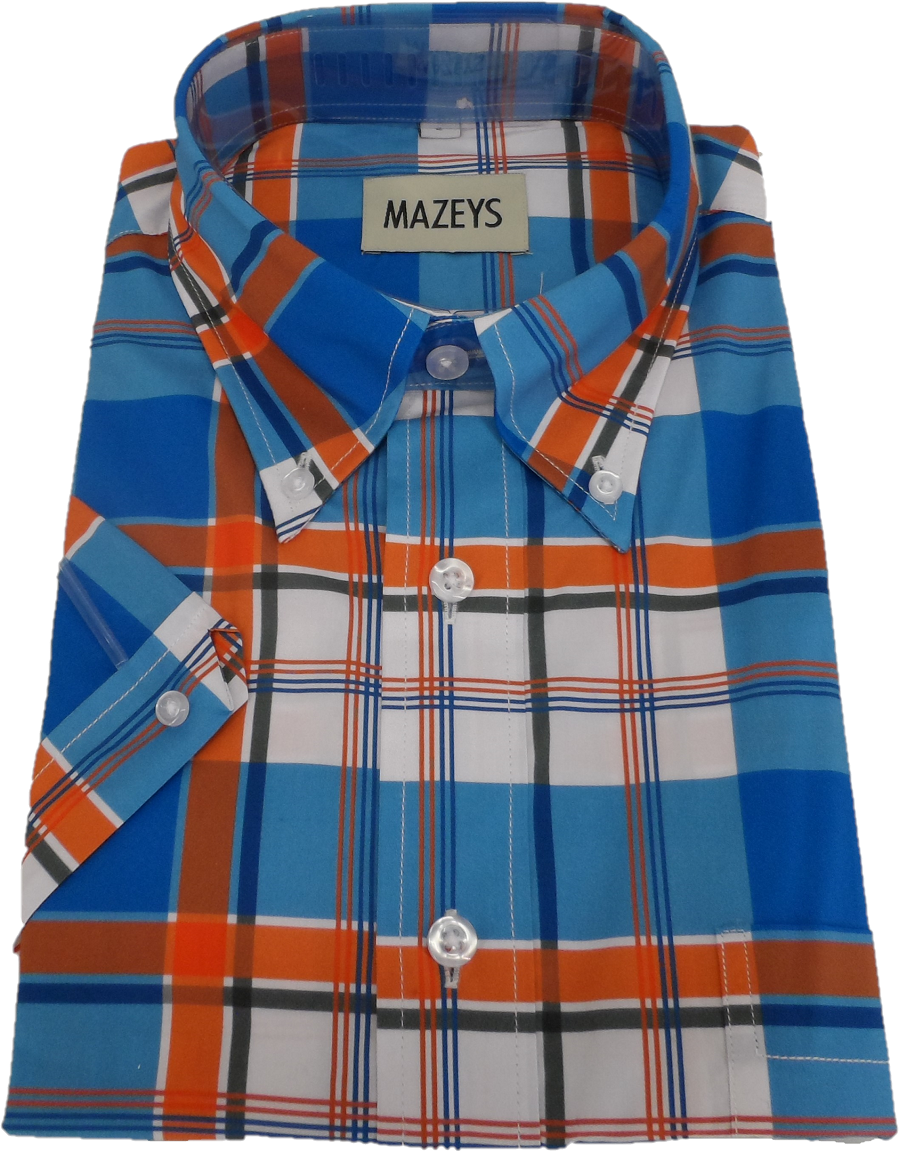 Mazeys Mens Blue/Orange/White Multi Checked 100% Cotton Short Sleeved Shirts