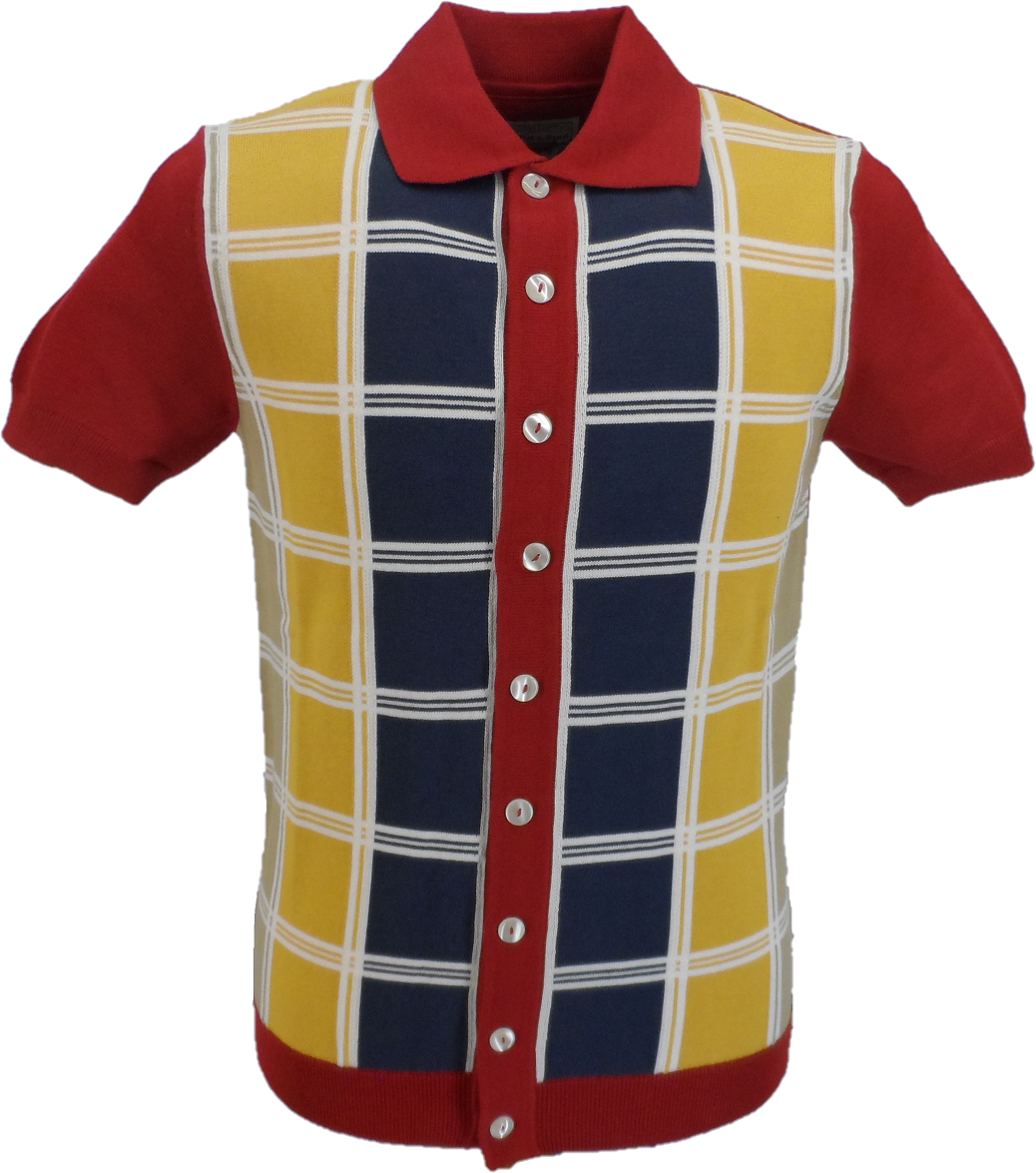Ska & Soul Mens Red Checked Front Knitted Polo Cardigans