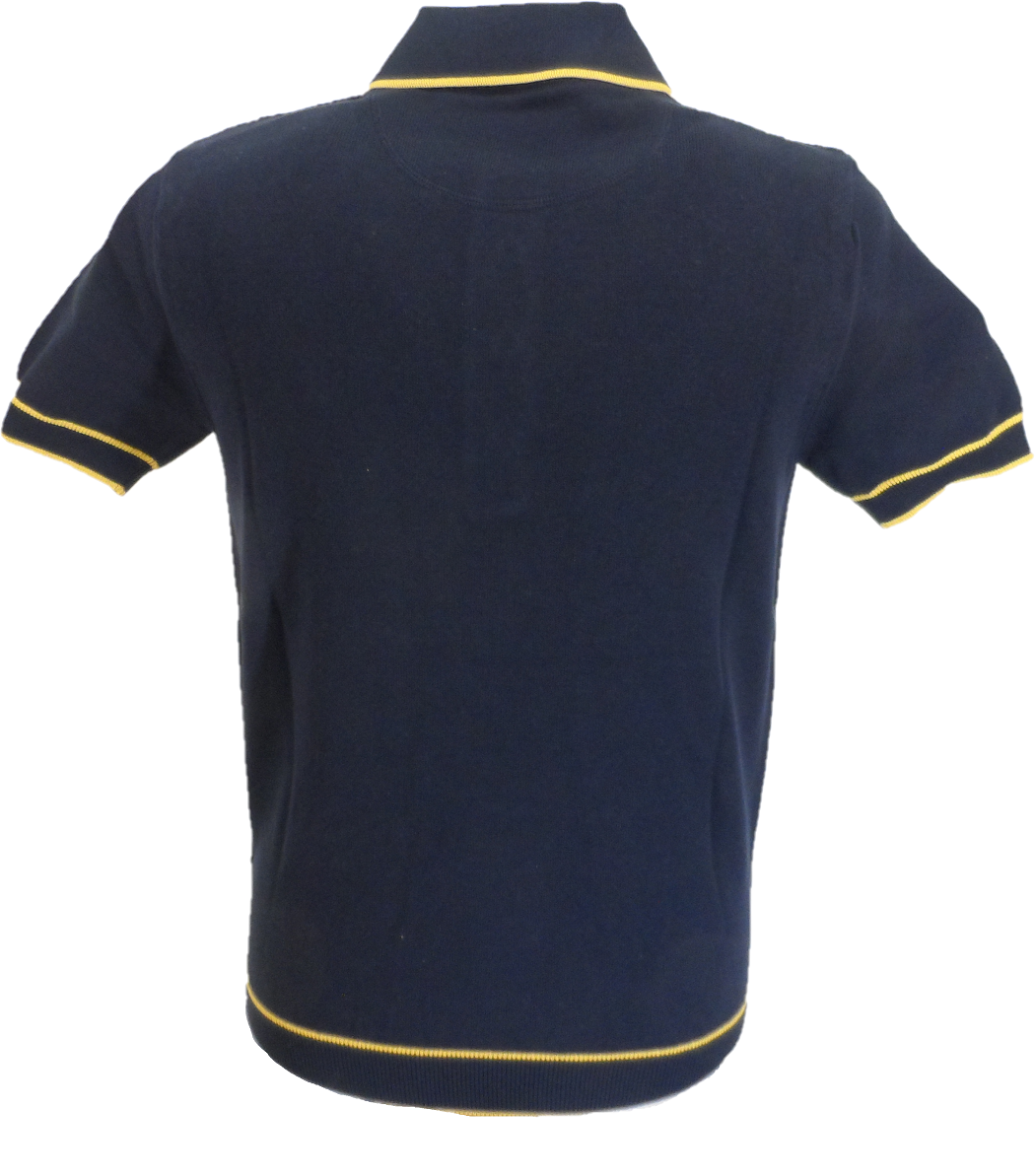 Trojan Records Mens Navy/Mustard Diamond Fine Gauge Knitted Polo Shirt