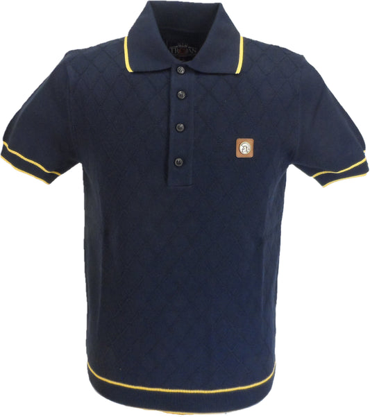 Polo da uomo in maglia fine a rombi blu scuro/senape Trojan Records