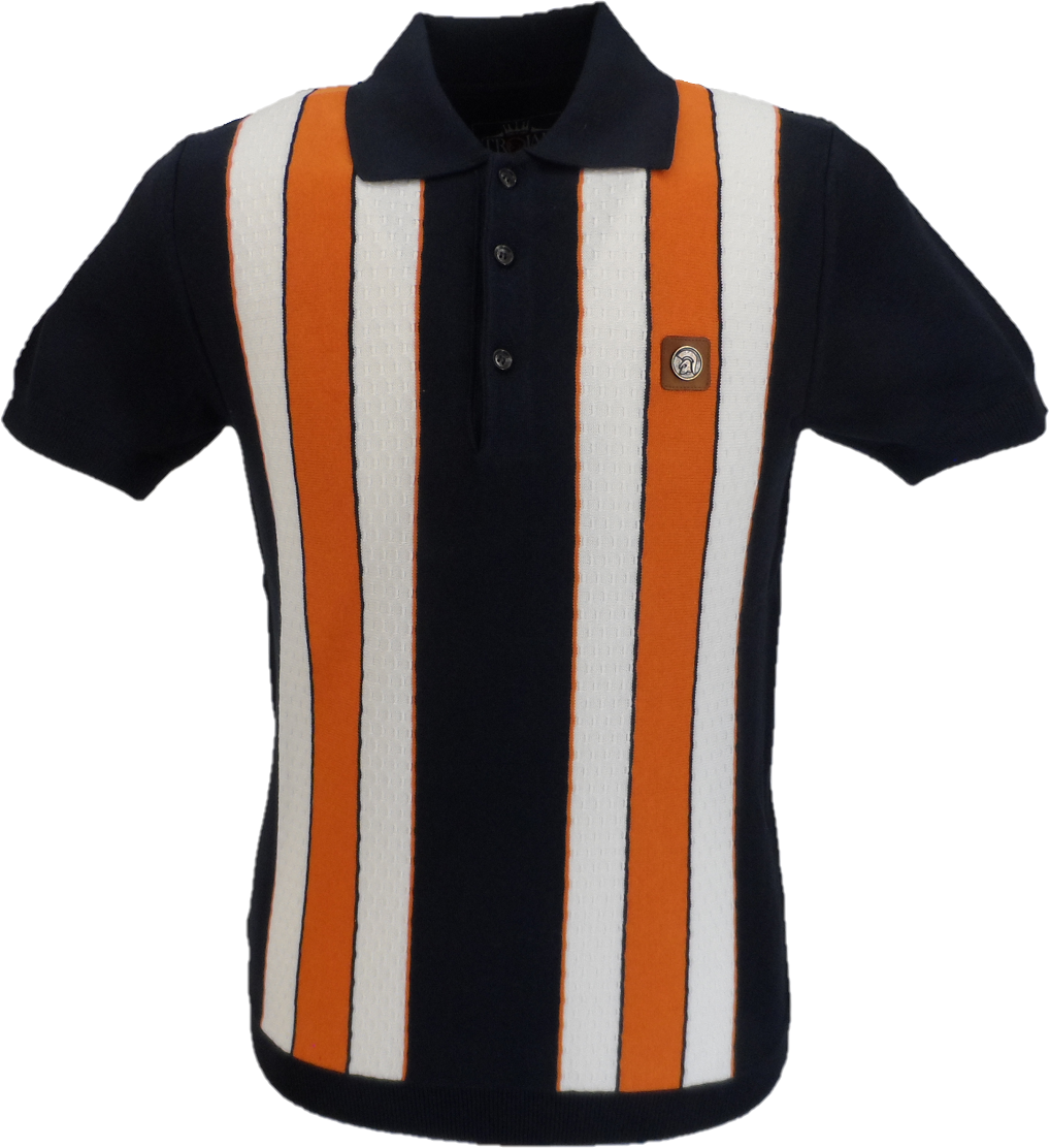 Trojan Records Navy/Orange/White Textured Stripe Polo Shirts