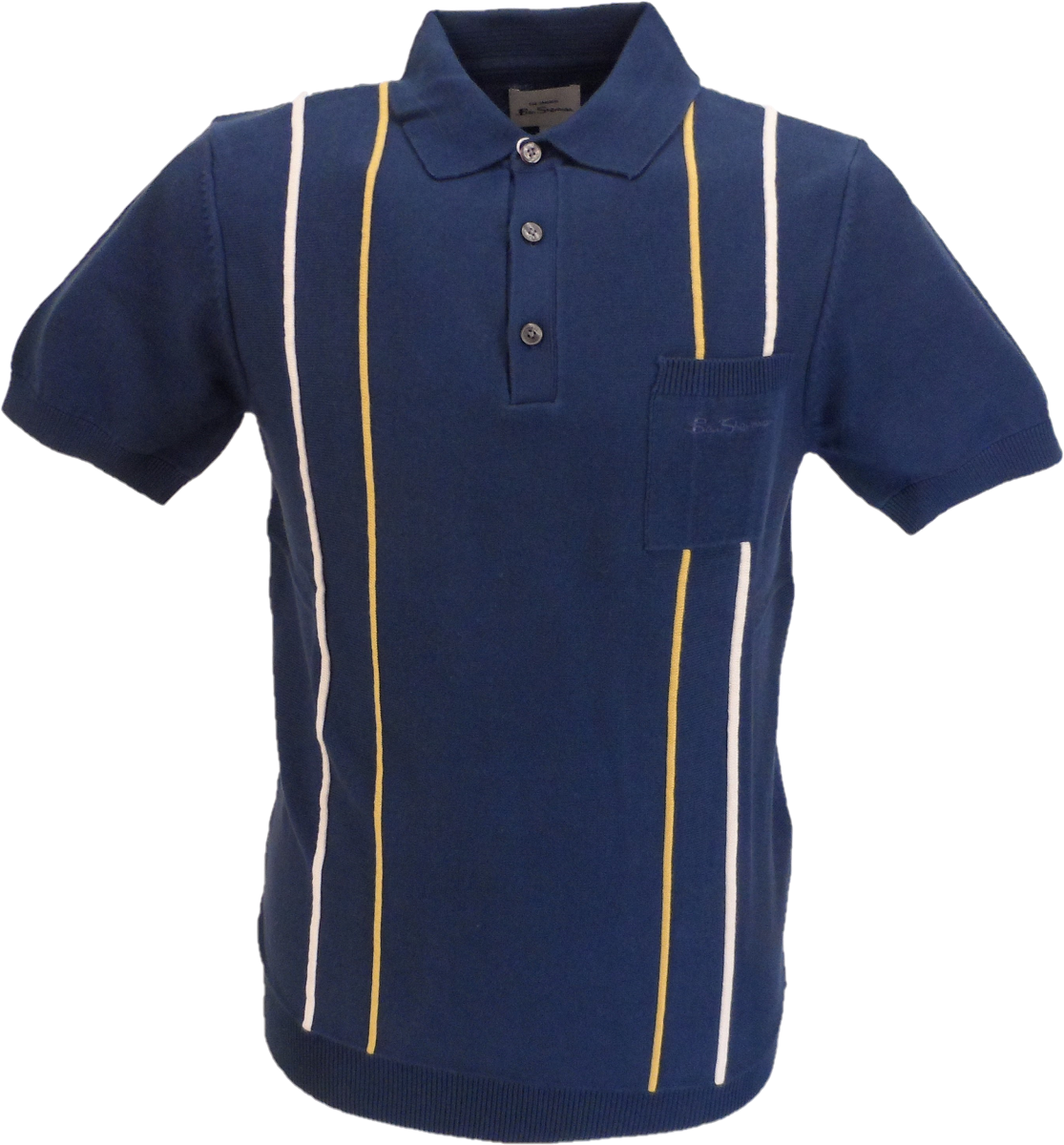 Ben Sherman Denim Blue Knitted Striped Mod Polo Shirt