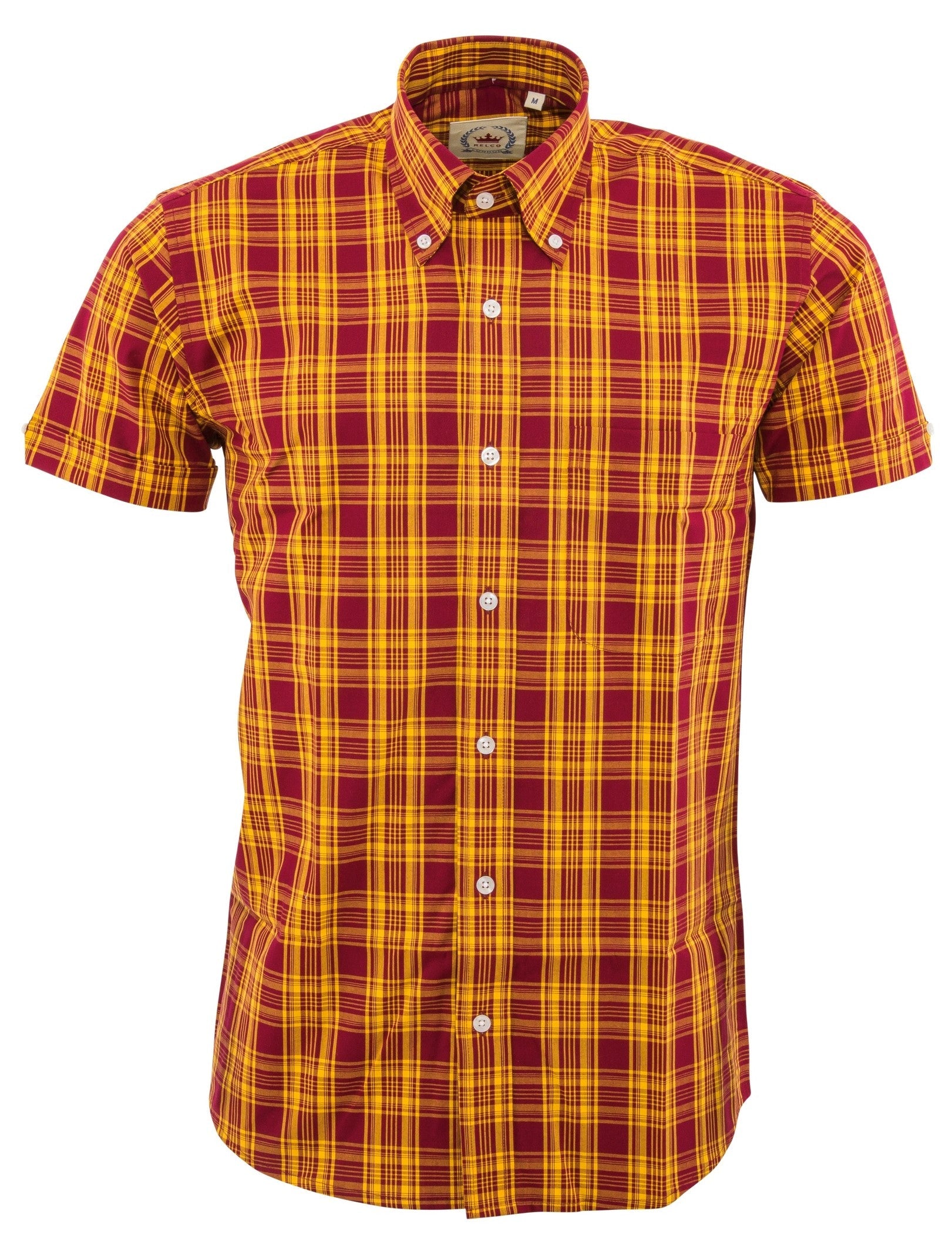 Relco Mens Burgundy & Mustard Checked Short Sleeved Button Down Shirts ...
