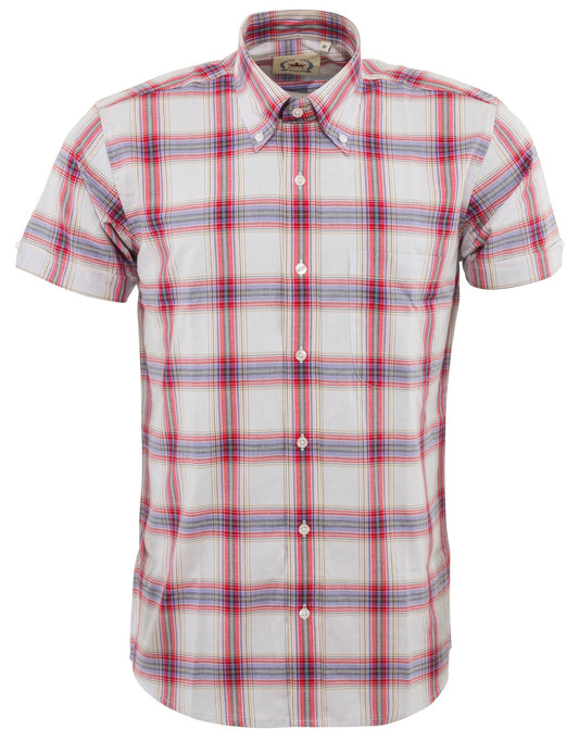 Relco Camisas de manga corta con botones a cuadros blancos y rojos para hombre
