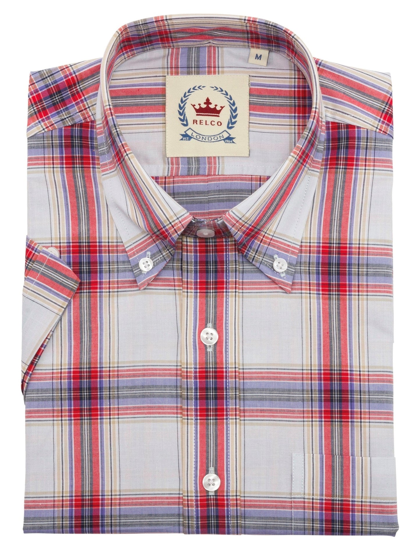 Relco Mens White and Red Checked Short Sleeved Button Down Shirts