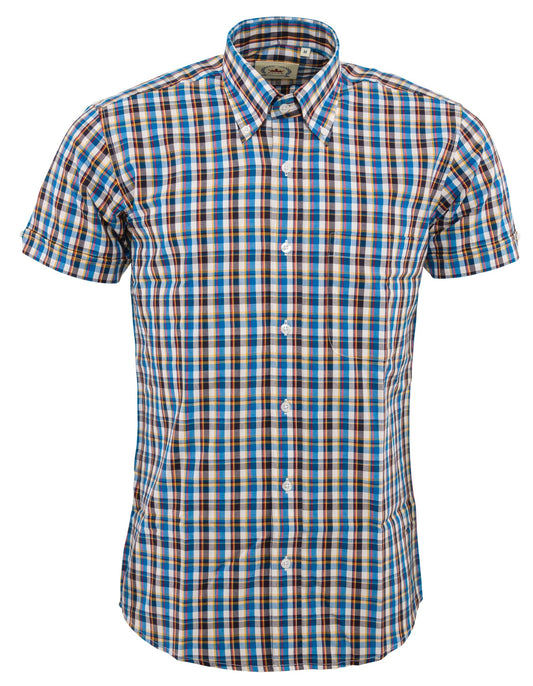 قمصان رجالي Relco ذات مربعات باللون الأزرق وأكمام قصيرة وأزرار سفلية