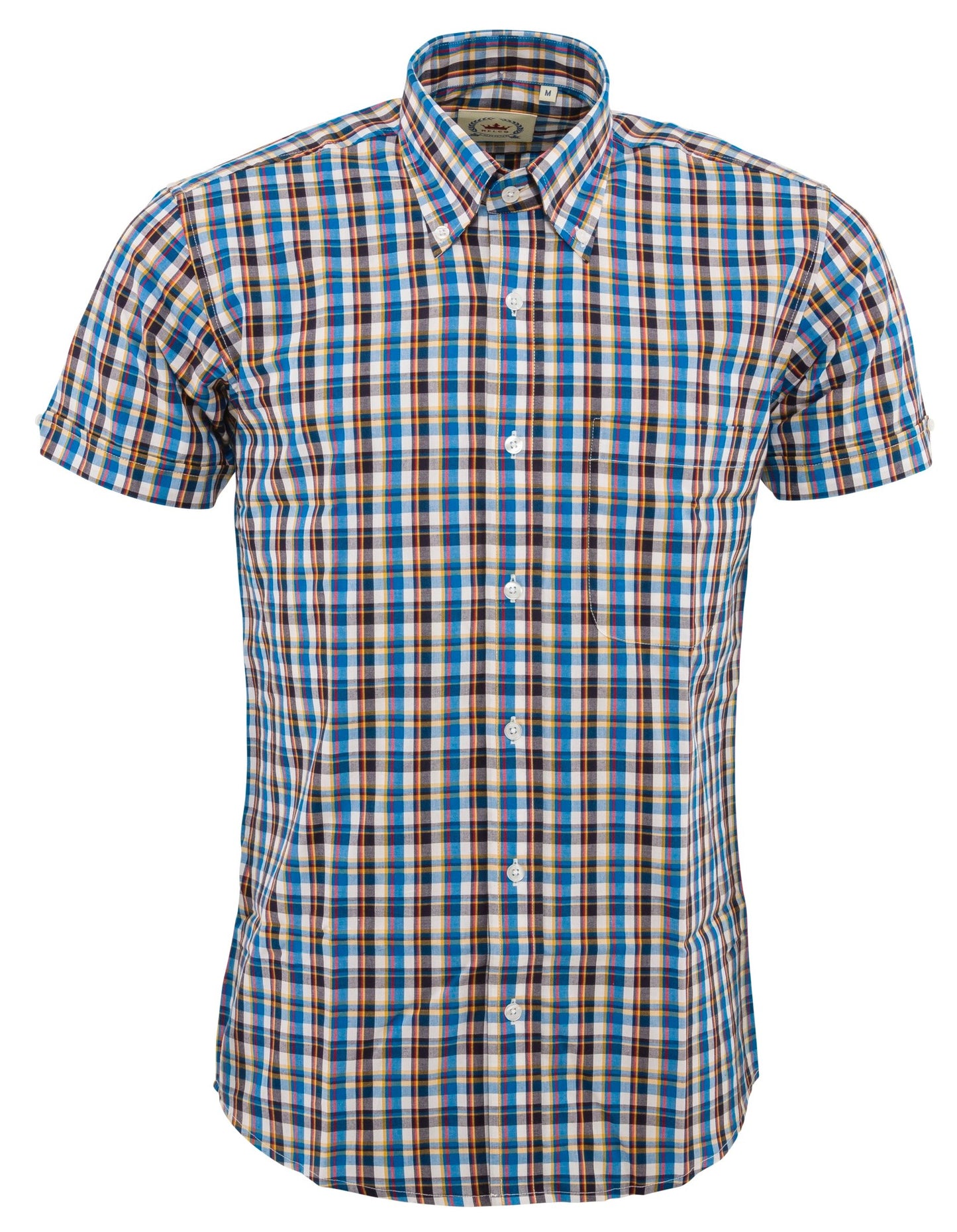 Relco Mens Multi Blue Checked Short Sleeved Button Down Shirts