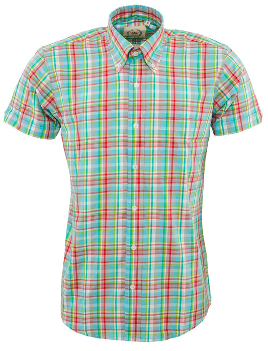 قمصان رجالي Relco ذات مربعات باللون الأخضر وأكمام قصيرة وأزرار سفلية