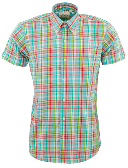 Relco Mens Multi Green Checked Short Sleeved Button Down Shirts