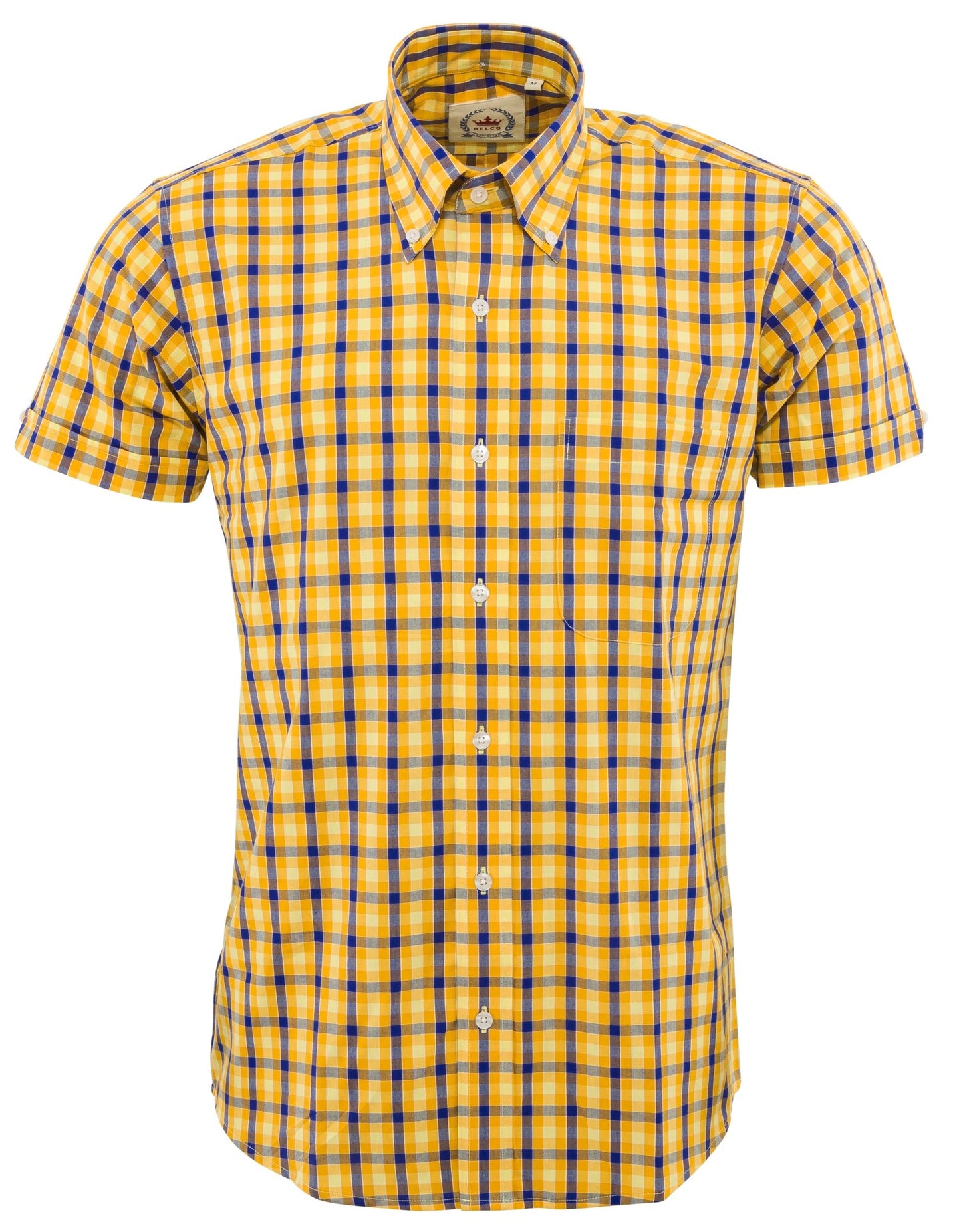 Relco Mens Yellow Gingham Checked Short Sleeved Button Down Shirts