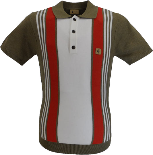 Gabicci Vintage Strikket Poloshirt I Almwood Grøn Searlestribet Til Mænd