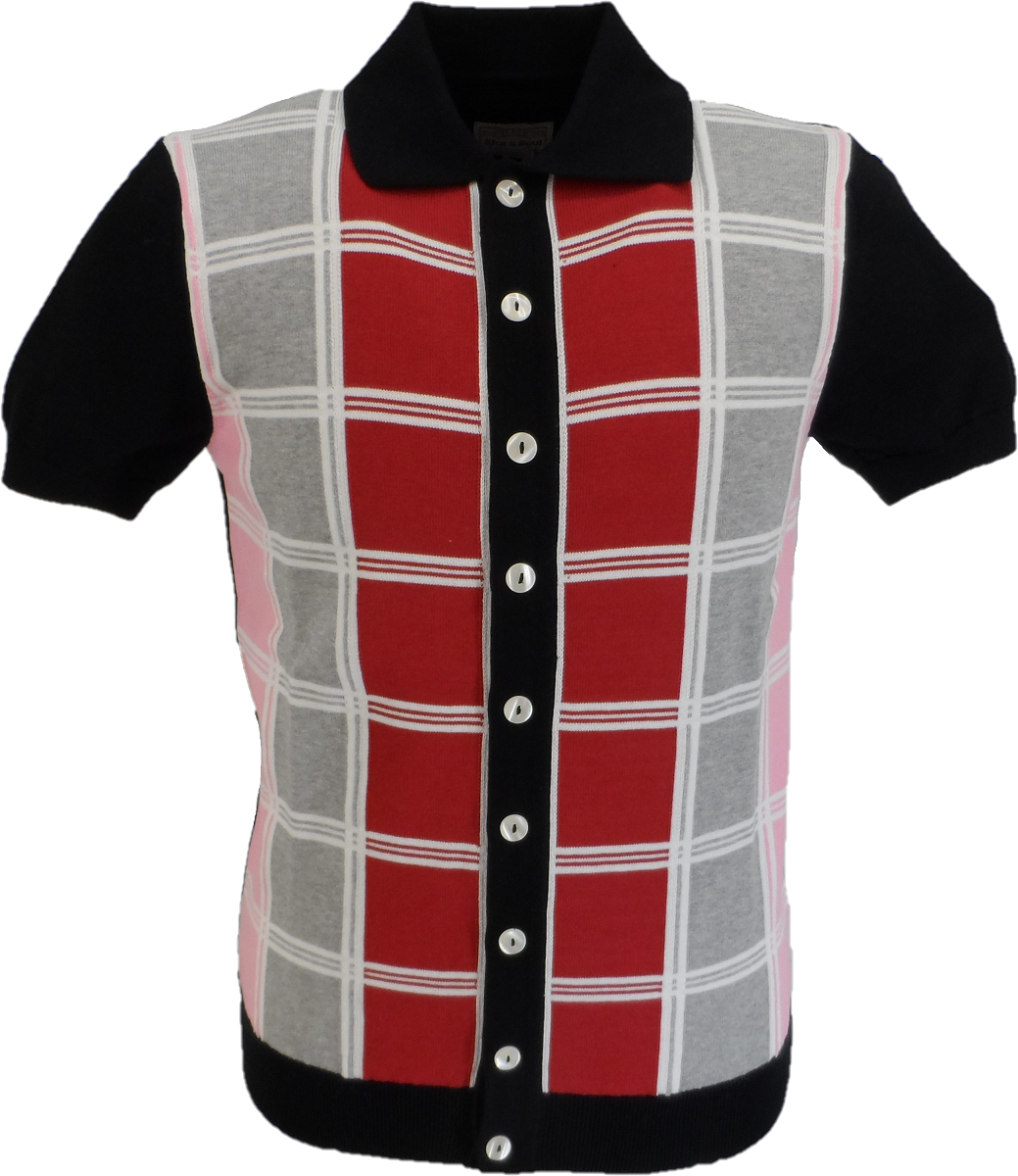 Ska & Soul Mens Black Checked Front Knitted Polo Cardigans