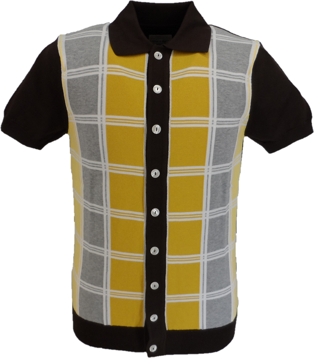 Ska & Soul Mens Brown Checked Front Knitted Polo Cardigans