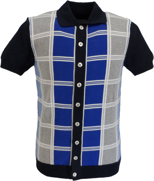 Ska & Soul Cardigans polo tricotés à carreaux bleu marine pour hommes