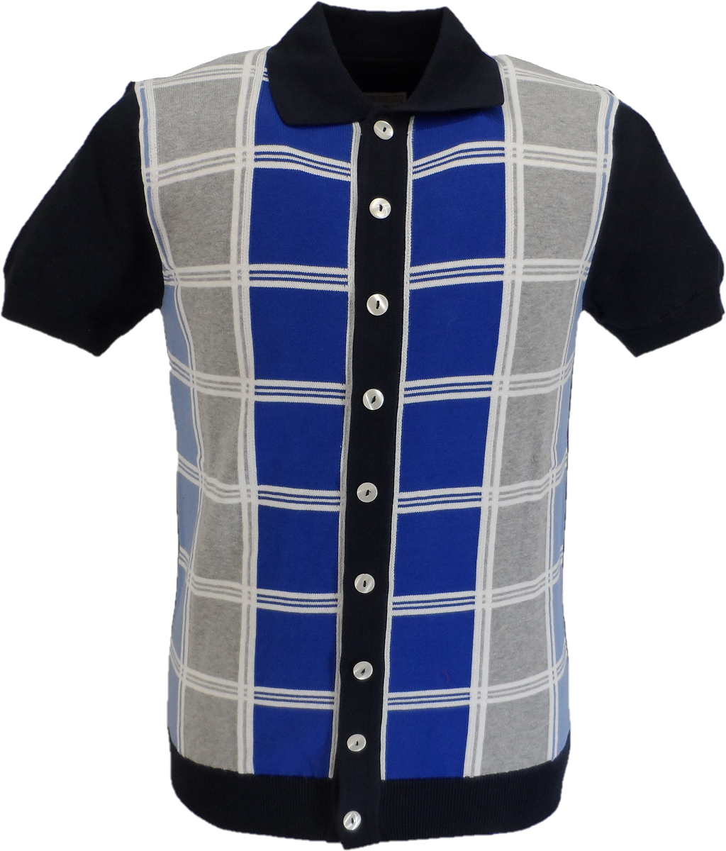 Ska & Soul Mens Navy Checked Front Knitted Polo Cardigans