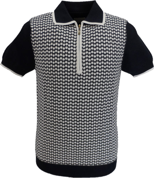 Ska & Soul Mens Navy Blue Diamond Retro Zip Knitted Polo Shirts