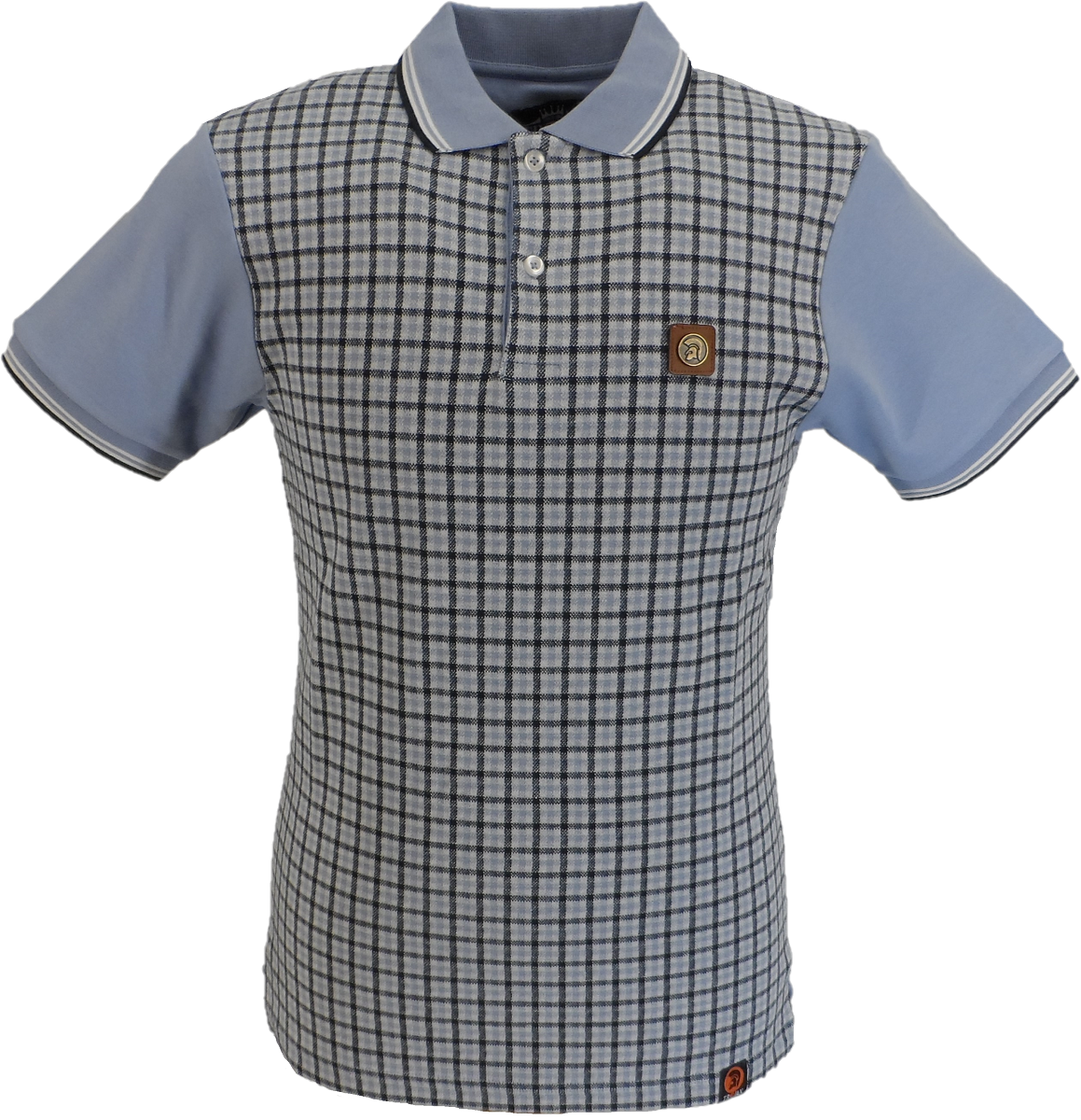 Trojan Records Sky Blue Gingham Check Front Panel Polo Shirt