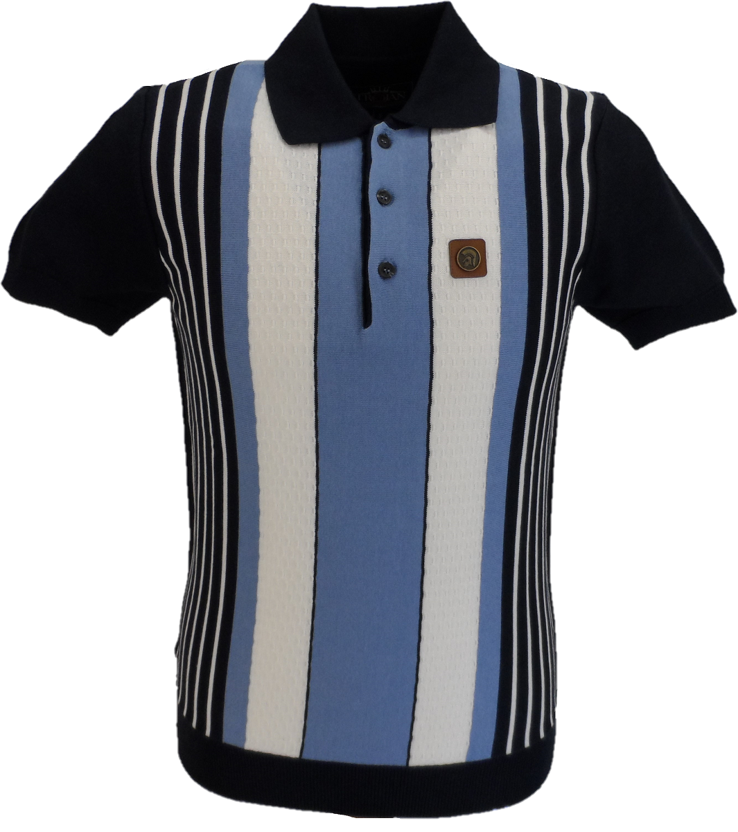Trojan Records Navy Blue Striped Fine Gauge Knitted Polo Shirt