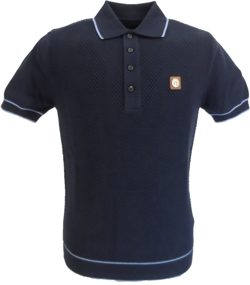 Trojan Records Mens Navy Blue Textured Knitted Polo Shirt