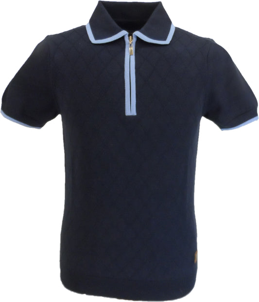 Marineblaues, gestricktes Herren-Poloshirt mit rautenförmigem Reißverschluss Trojan Records