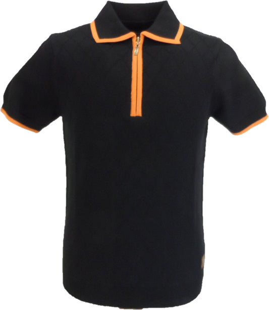 Trojan Records Herren-Strickpoloshirt mit schwarzem Diamant-Reißverschluss