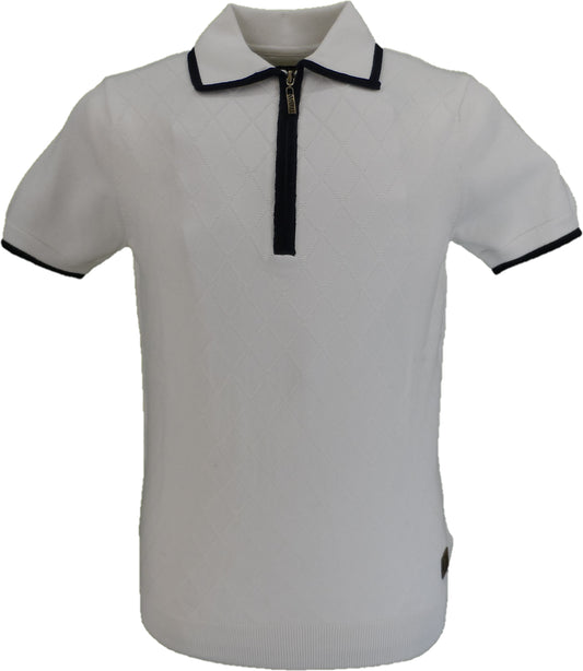 Trojan Records Polo de punto con cremallera y diamantes color crudo para hombre