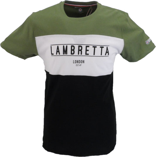Lambretta T-shirt retrò da uomo a righe color kaki/nero/bianco tagliato e cucito