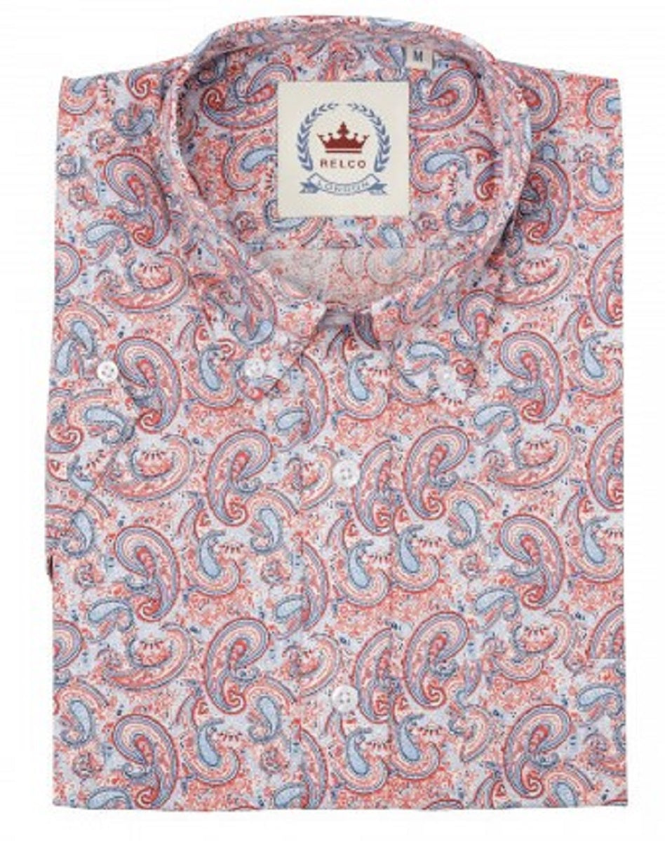 Relco Mens Red and Blue Paisley Short Sleeved Retro Mod Button Down Shirt