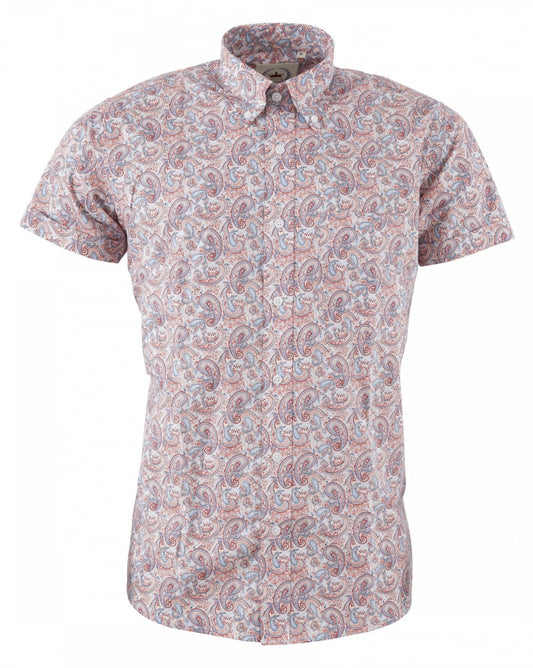 Relco Mens Red and Blue Paisley Short Sleeved Retro Mod Button Down Shirt
