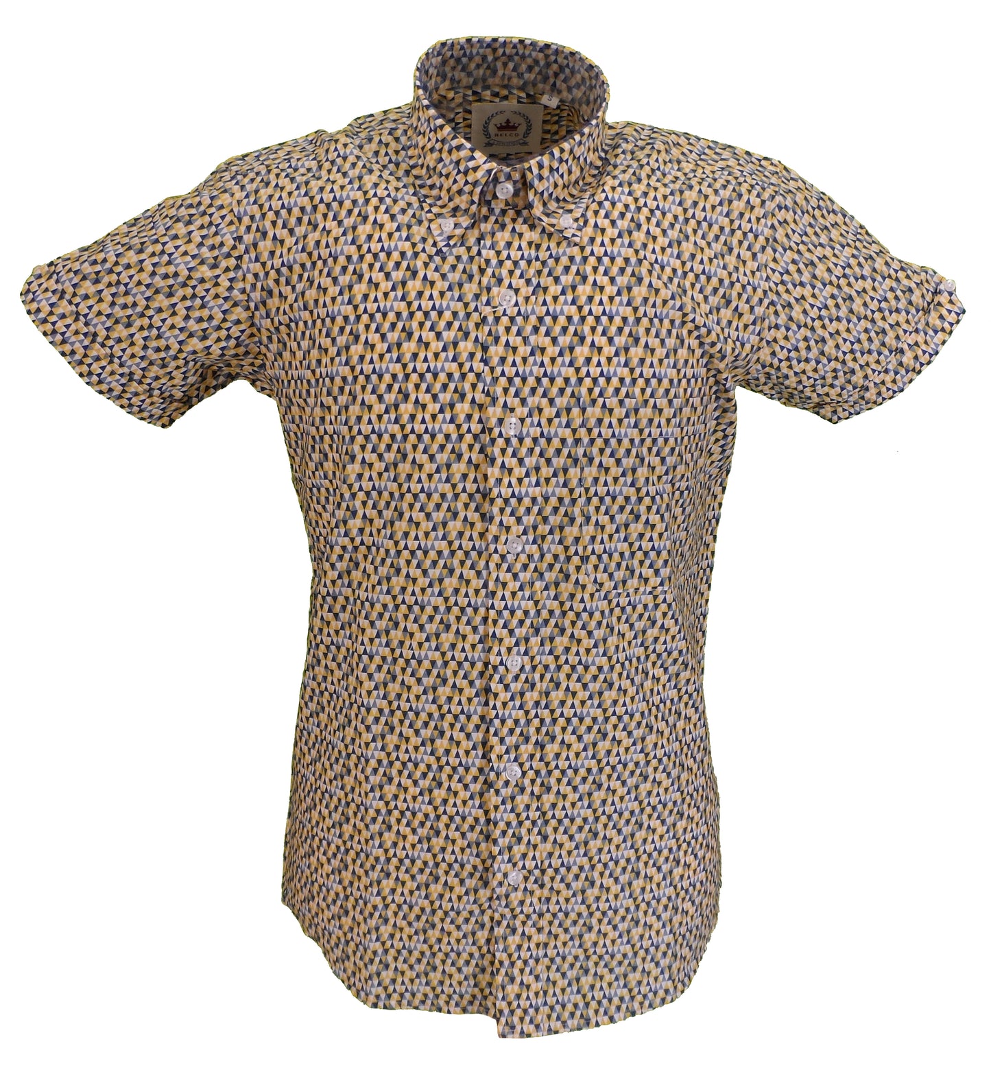 Relco chemise boutonnée mod à manches courtes pour hommes jaune imprimé rétro