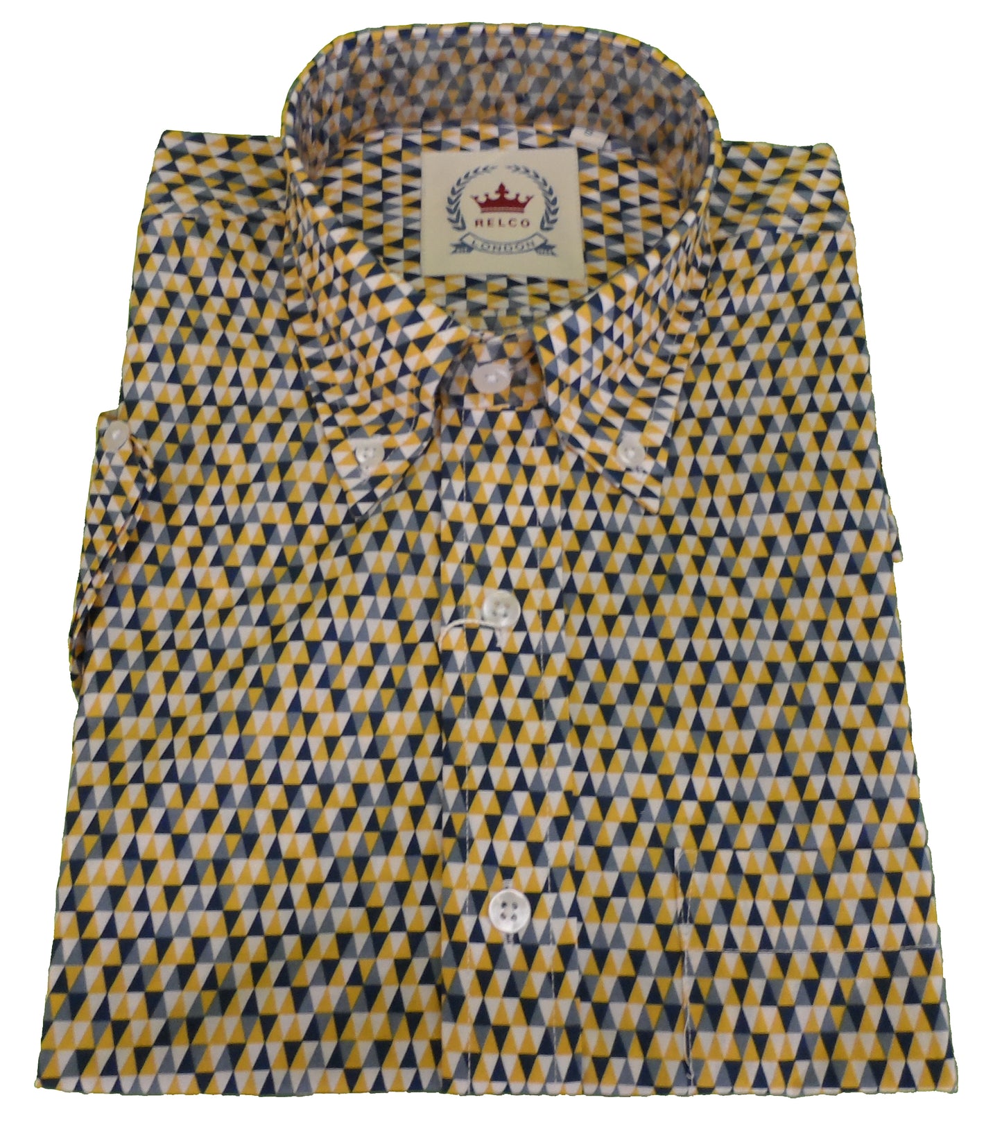 Relco Mens Yellow Retro Print Short Sleeved Mod Button Down Shirt