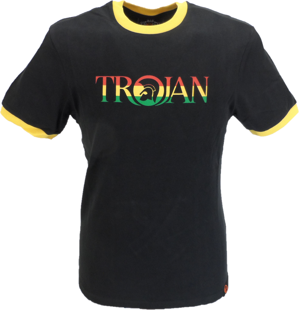 Schwarzes Herren-T-Shirt mit Rasta-Logo von Trojan Records aus 100 % pfirsichfarbener Baumwolle