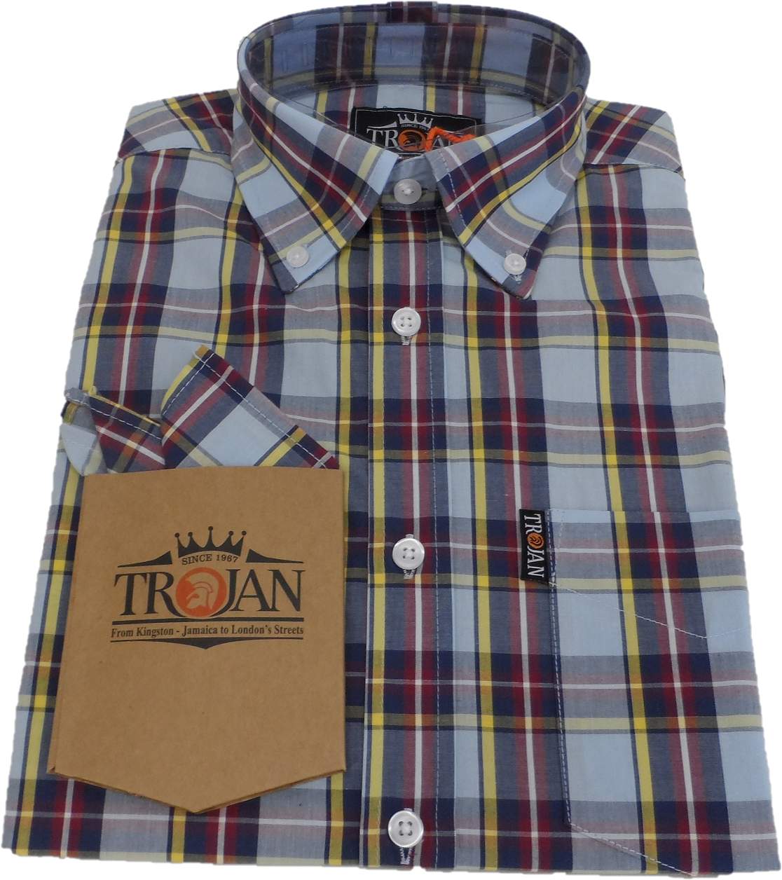 Trojan Mens Sky Blue Check 100% Cotton Short Sleeved Shirts and Pocket Square