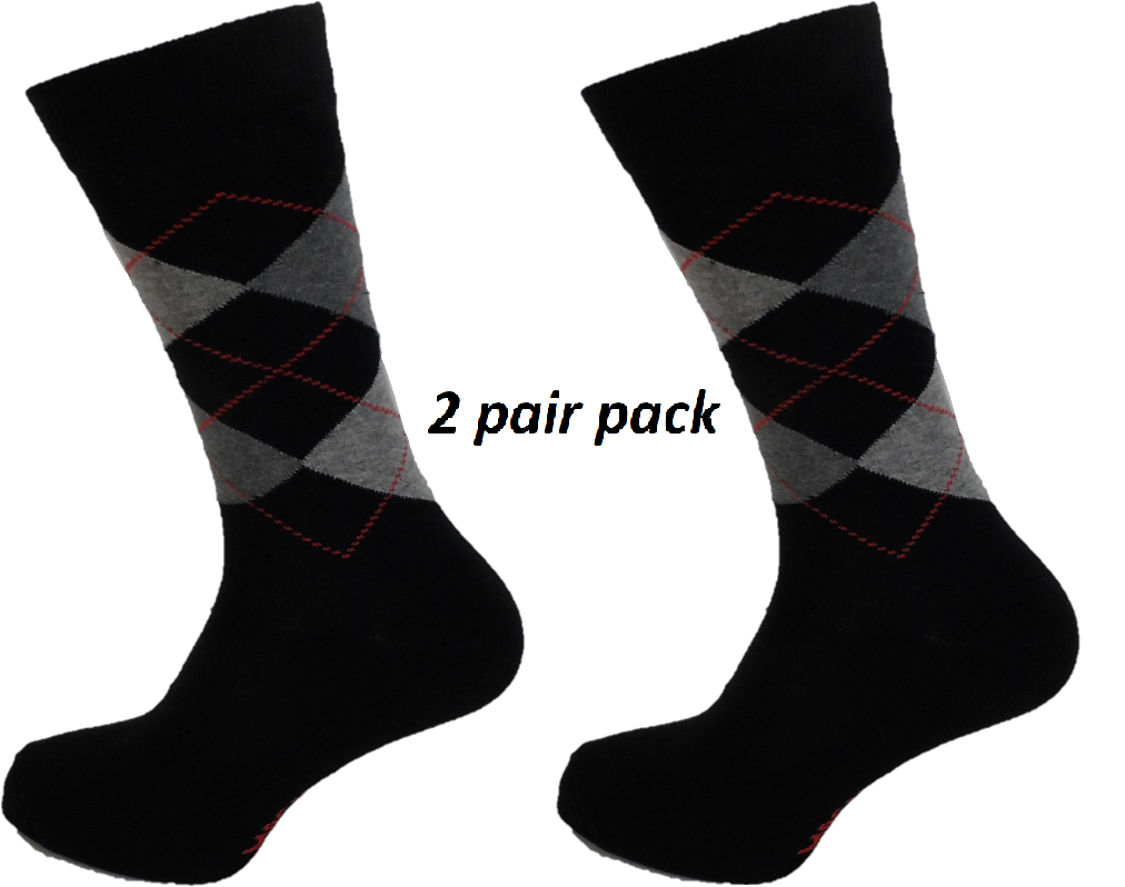 Mens 2 Pair Pack of Black/Grey/Red Argyle Patterned Socks