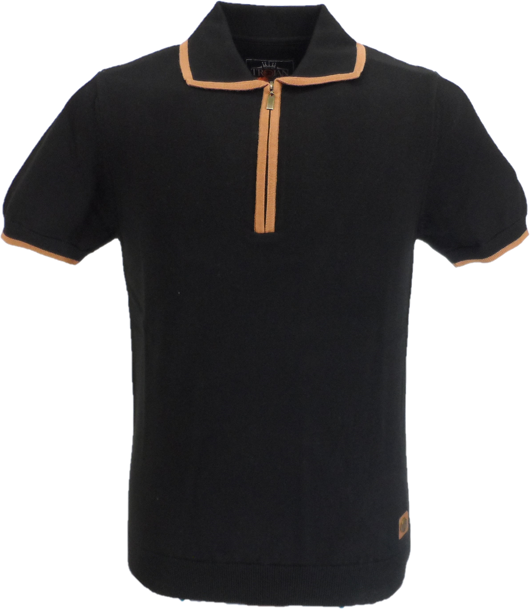 Trojan Records Mens Black Zipped Knitted Polo Shirt