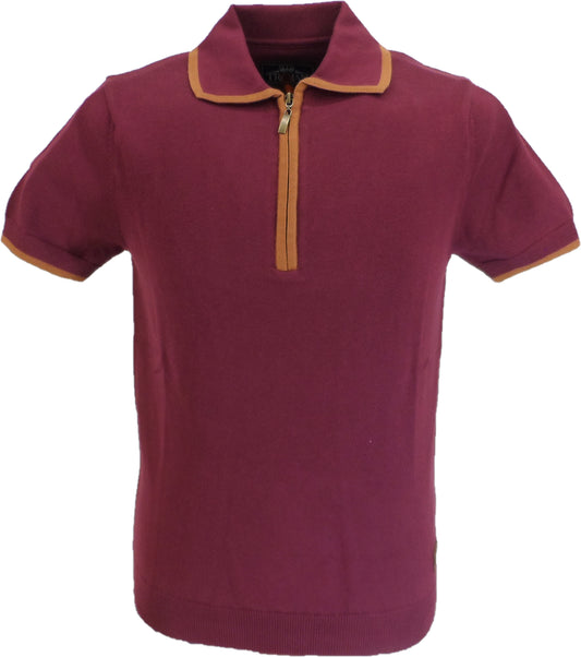 Trojan Records Mens Port Red Zipped Knitted Polo Shirt