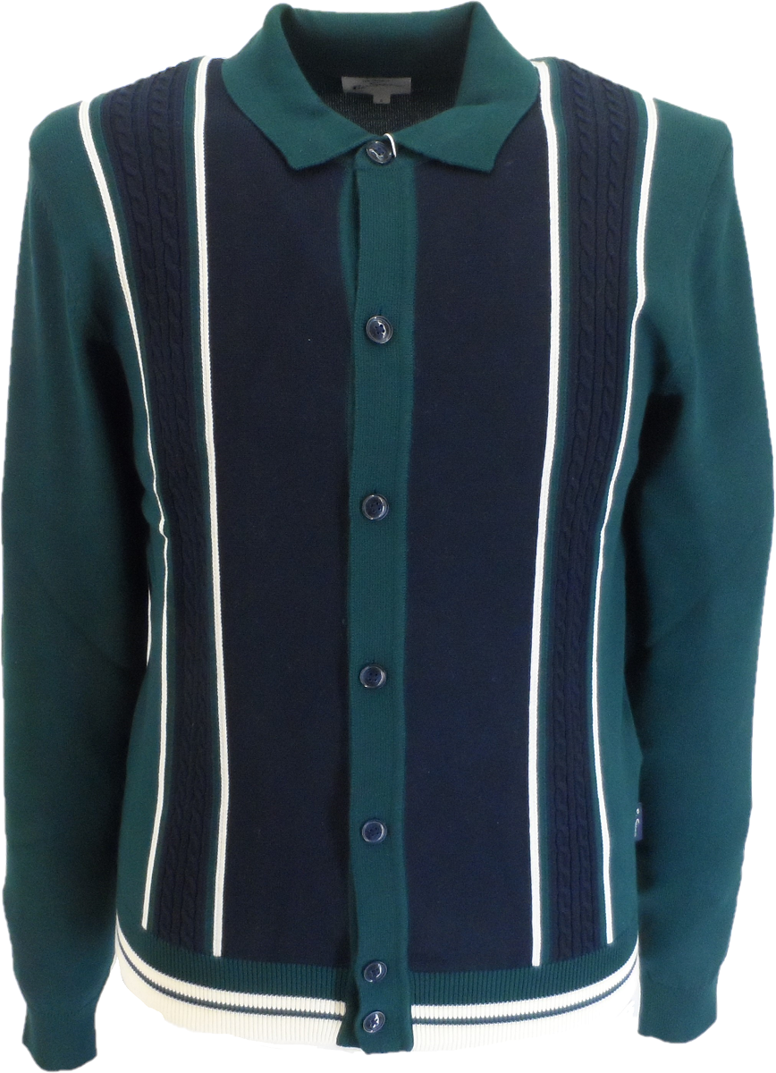 Ben Sherman Mens Ocean Green Striped Button Through Mod Cardigan