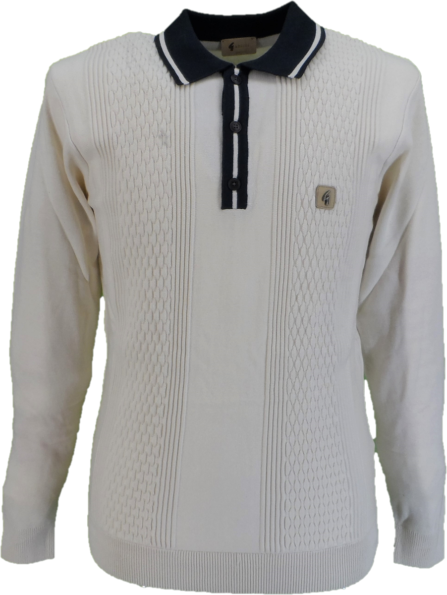 Gabicci Mens Cream/Navy Bethal Textured Retro Knitted Polo