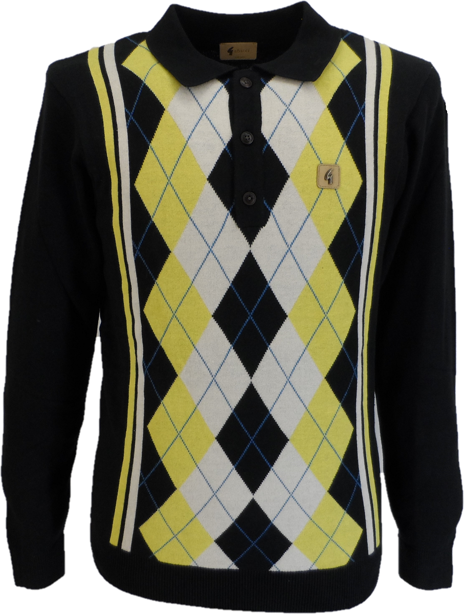 Gabicci Vintage polo de punto negro argyle para hombre